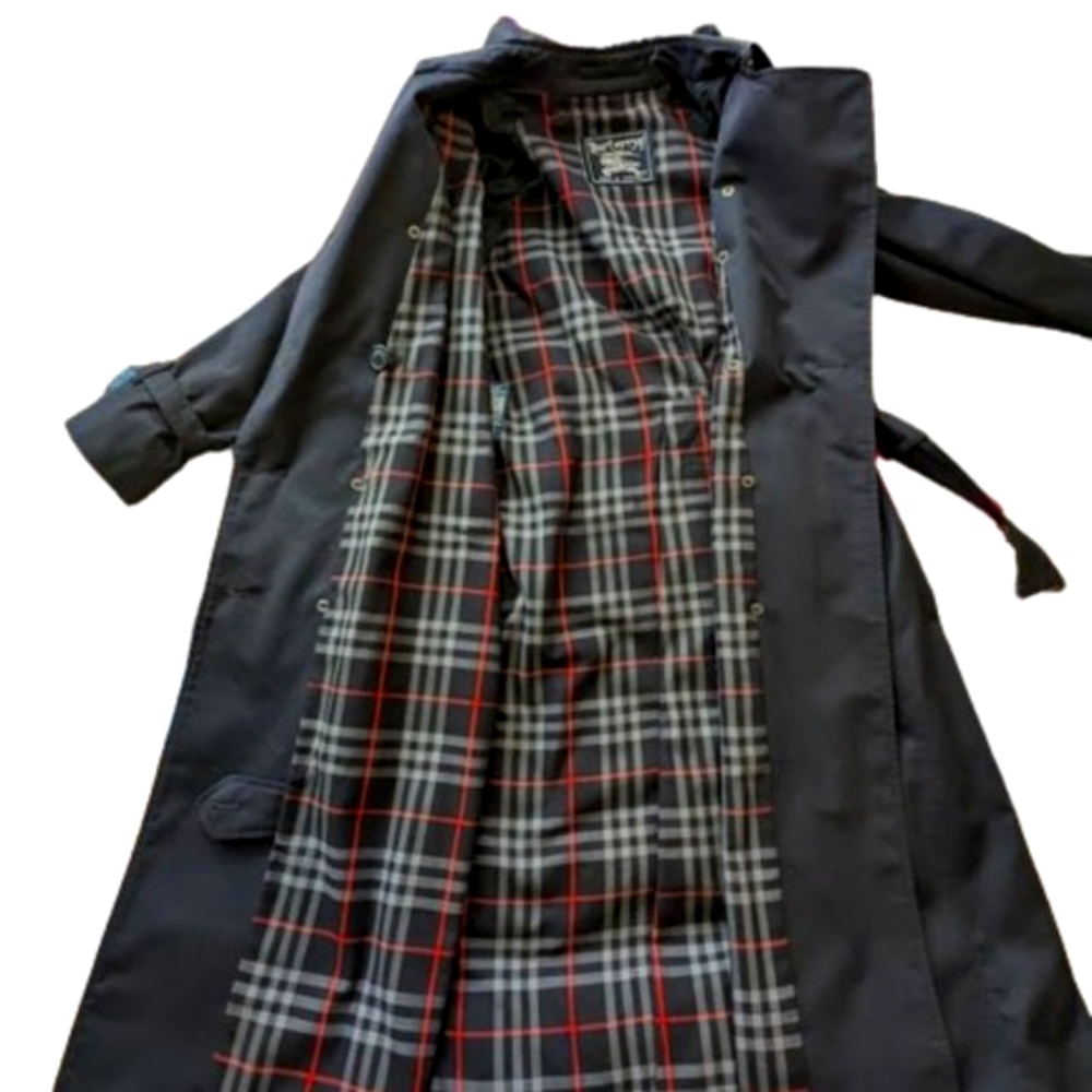 VINTAGE BURBERRY 1983 Navy Blue Belted Double Breasted Long Trench Coat …